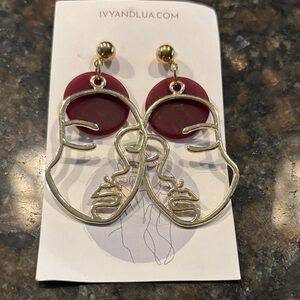 Gold and Burgundy Face Earrings